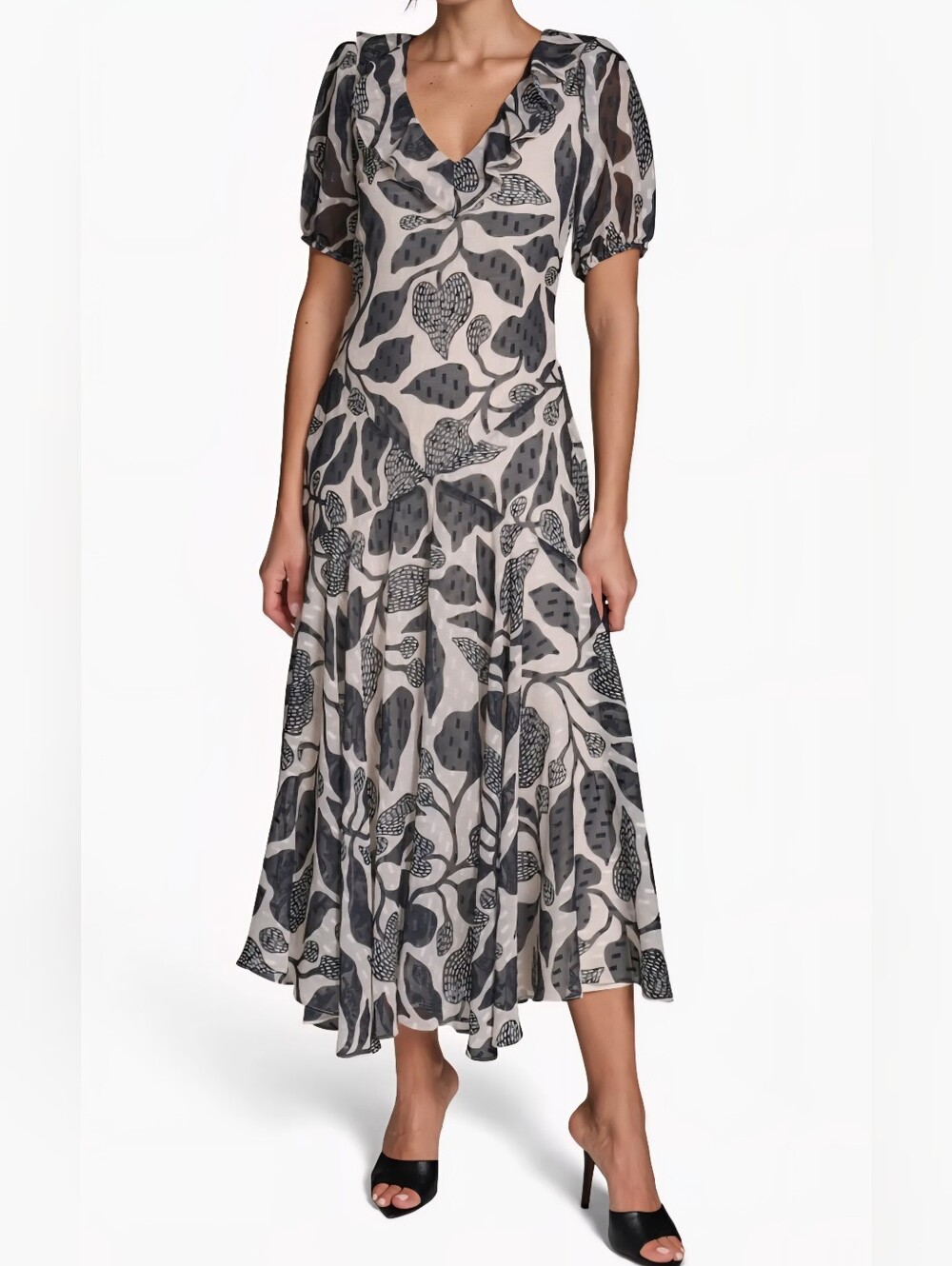 BCBG Gray and Cream V-Neck Puff Sleeve Maxi Dress